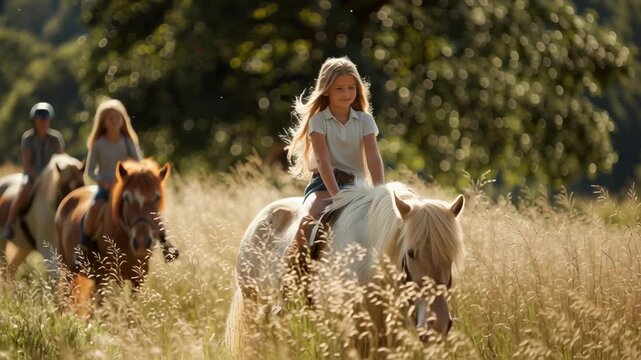 A group of children riding ponies through a sunlit meadow, enjoying nature and learning horsemanship in a peaceful countryside setting.