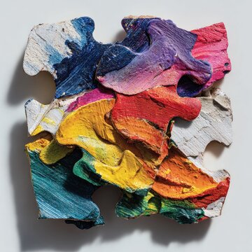Colorful puzzle pieces, layered with thick paint