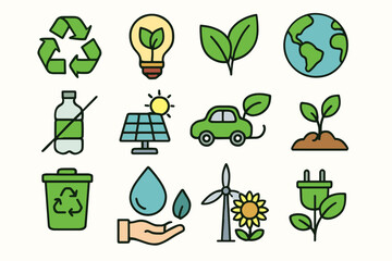 A set of icons designed in a minimalist style using green, blue, and yellow colors associated with environmental themes.