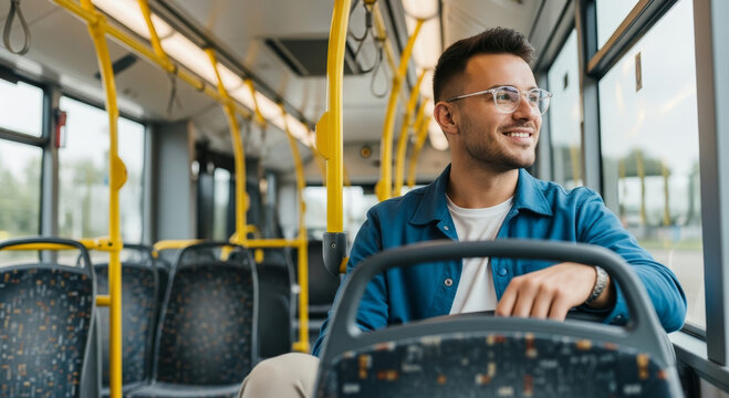 Smiling man travels by bus looking out the window thinking about his day ahead and future plans - Powered by Adobe