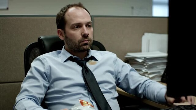 Office Worker Procrastinating - A man in a light blue shirt and tie sits at his desk in an office cubicle, eating snacks and appearing to procrastinate on his work.