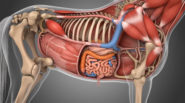 Detailed equine anatomy visualization revealing muscular skeletal and vascular systems in dynamic cross-section for educational exploration