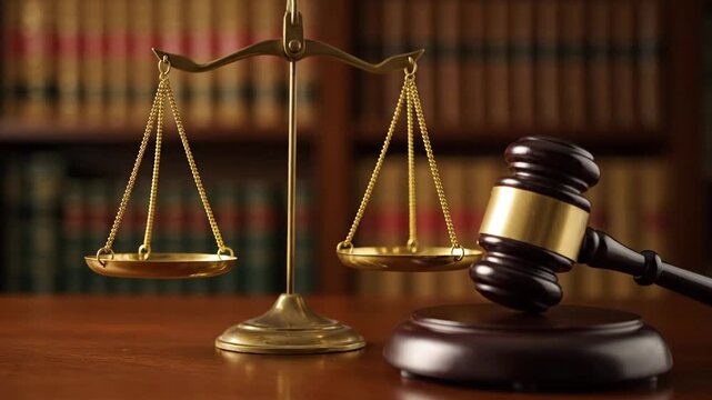 Justice Scales and Gavel on Wooden Table - A golden scale of justice and a judge's gavel rest on a rich wooden surface, with a blurred background of law books.