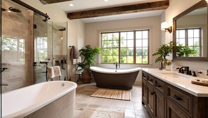 Elegant bathroom with a freestanding tub, dark wood vanity, stone tile and plants