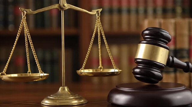 Justice Scales and Gavel on Legal Books - A close-up shot of a golden scales of justice and a judge's gavel resting on a wooden surface, with a blurred background of law books.