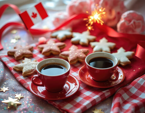 Canadian culture celebration with festive star cookies, coffee. Red, white checkered cloth, maple leaf flag, sparkler create joyful holiday atmosphere. Traditional treats, hot drinks, party setting.