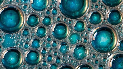 Macro close-up of transparent Water bubbles with abstract geometric patterns