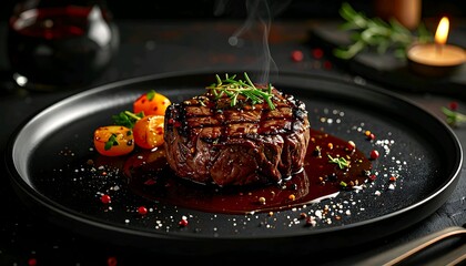 Juicy grilled beef tenderloin steak with a rich demi-glace sauce, served with roasted potatoes on a dark plate for a gourmet dining experience