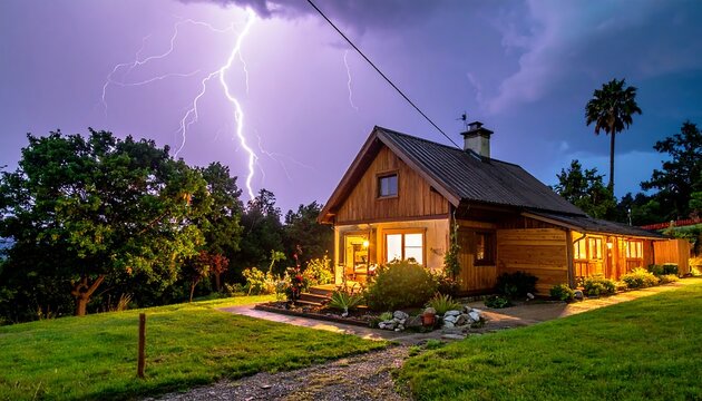 A wooden home sits amidst lush greenery under a dramatic, lightning-streaked sky during a storm