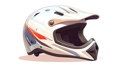 Cartoon rendering of a white dirt bike helmet with red and blue accents