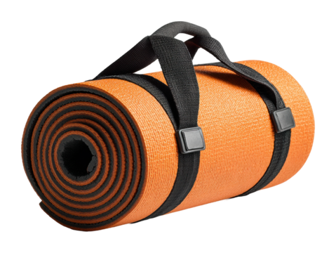 Yoga practice essentials orange mat home equipment isolated on transparent background