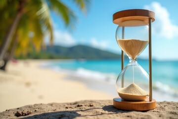Seize the Moment: Hourglass on a Tropical Beach Signifying Time Passing and Last Minute Travel Opportunities