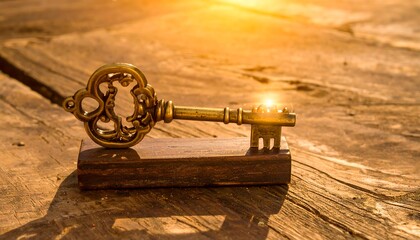 Antique key on weathered wood, golden light