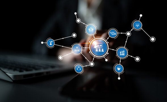 This image illustrates a creative digital network concept with vibrant icons, showcasing technology and communication within a dark background. Tessel