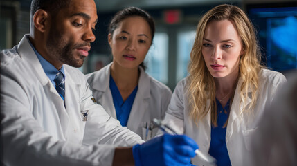 Fototapeta premium Three medical professionals, two women and one man, in white lab coats, engaged in a discussion. The man, wearing blue gloves, points with a pen while looking at a woman.