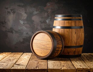 Rustic Wooden Barrels on a Wooden Table Against a Dark Background.