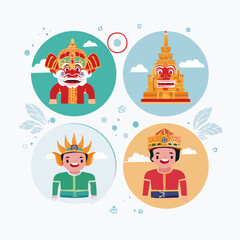 Fototapeta premium Vivid Thai Culture Icon: A vibrant collection of four captivating illustrations, representing the rich heritage of Thai culture, including the iconic masks and majestic architecture. 