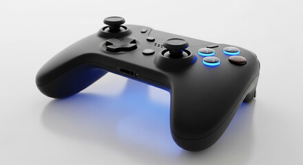 Modern black video game controller with blue led lights isolated on white background © easin