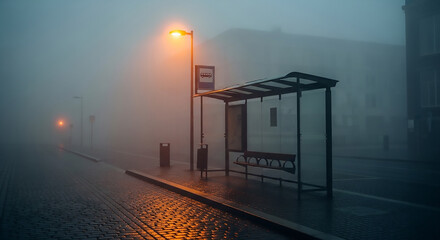 Empty bus stop in thick fog at night with streetlights illuminating the wet pavement © easin