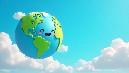 Naklejka premium Cute Cartoon kawaii Earth Planet with Smiling Face Floating in the Sky