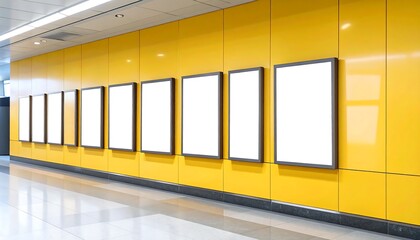 Blank billboard displays on a yellow wall in a corridor