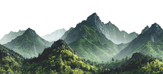 Majestic green mountain peaks with forest valleys, isolated on transparent cutout background
