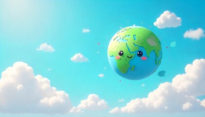 Naklejka premium Cute Cartoon kawaii Earth Planet with Smiling Face Floating in the Sky