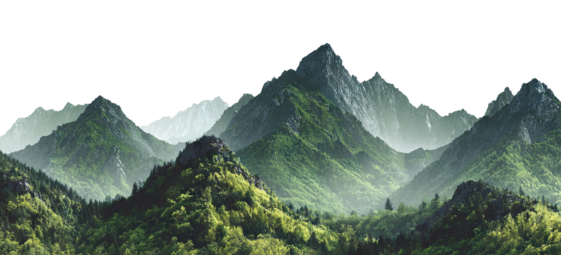 Majestic green mountain peaks with forest valleys, isolated on transparent cutout background