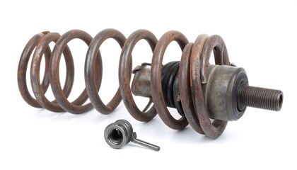 Rusted metal coil spring with cylindrical component and small spring part on white
