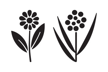 Two stylized black silhouette flowers with leaves on white background