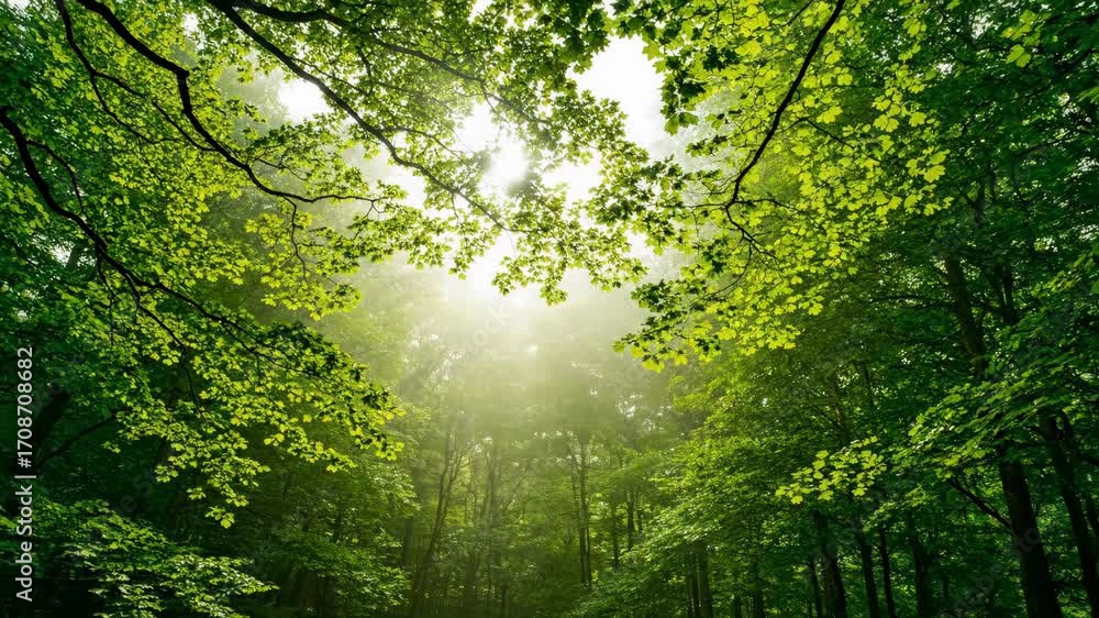 Poster sunlit forest canopy with fog - a low angle view looking up through the lush green canopy of a fores
