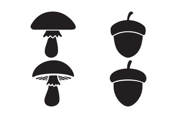 Simple black silhouettes of mushrooms and acorns