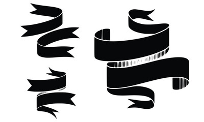 A vintage collection of black and white ribbon banners and curled flags, perfect for decorative award illustrations or scroll designs