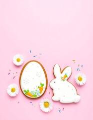 Obraz premium Pink Easter cookies, egg and bunny, decorated with icing, flowers, sprinkles