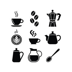 Coffee icons set delicious hot beverage steam cup beans moka pot teapot carafe spoon