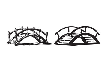 Two decorative wooden garden bridges in black and white sketch style
