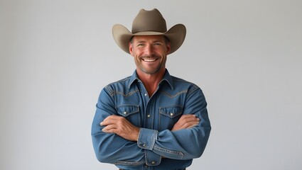Smiling Man with Beard &ndash; Cowboy Hat and Belt Buckle on White Background