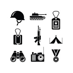 Military icons set featuring helmet tank rifle dog tag tent binoculars and medal for service