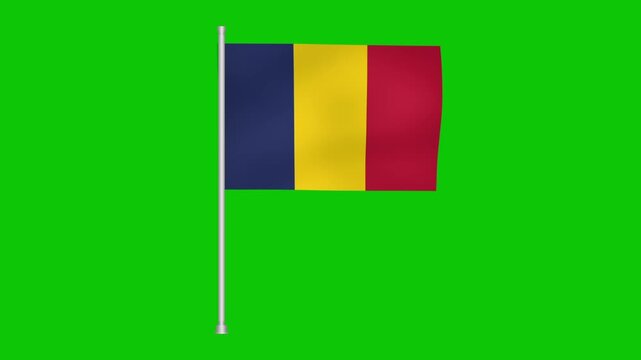 A waving flag of chad on a pole against a green screen backdrop for compositing and visual effects