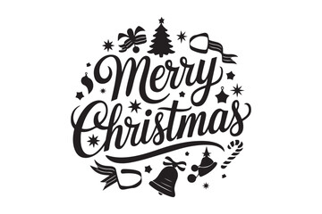 Merry christmas hand lettered design with festive ornaments