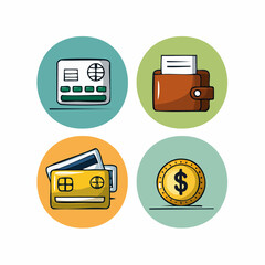 Financial Icons: Captivating illustration featuring credit card, wallet, and gold coin, representing financial management, money, and commerce. 