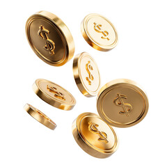 Shiny gold dollar coins flying in mid air, isolated on transparent cutout background