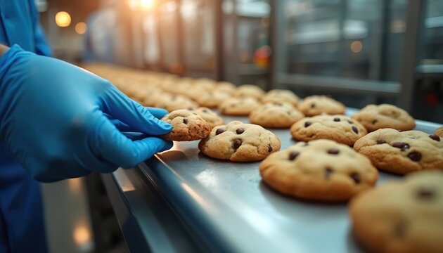 Freshly baked chocolate chip cookies inspected on a production line. A gloved hand checks quality on a conveyor belt in a food factory. Industrial baking process for sweet snacks and desserts.
