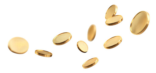 Shiny blank gold coins, tokens, or chips, flying in the air, isolated on transparent cutout background