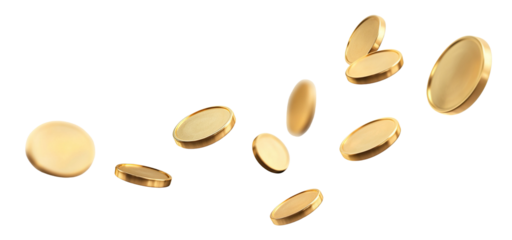 Shiny blank gold coins, tokens, or chips, flying in the air, isolated on transparent cutout background