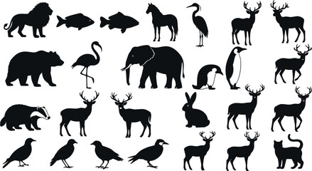 Silhouette animal collection featuring wildlife species from land, air, and sea in black vector style for educational and design use