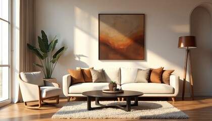 Stylish living room interior features modern furniture, including plush sofa, armchair. Abstract framed poster hangs on wall above sofa. Natural light streams through large windows, illuminating