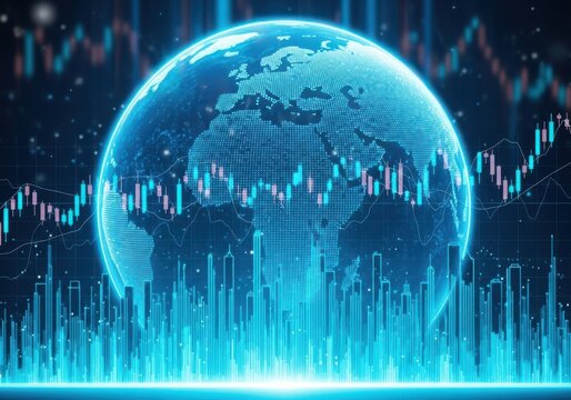 Digital globe with glowing financial charts and city skyline, representing global finance, stock market trends, and international economic data visualization