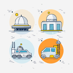 Naklejka premium Futuristic Cityscape Illustrations: Captivating illustrations showcase a futuristic city with diverse buildings and vehicles, conveying the imagination of urban development and technology. 