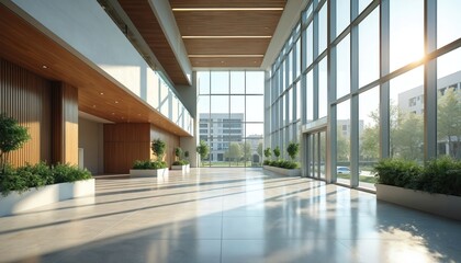 Modern healthcare facility lobby with large windows, natural light. Interior features wooden accents, green plants, spacious, clean design. Ideal for medical center promotion, hospital architecture,